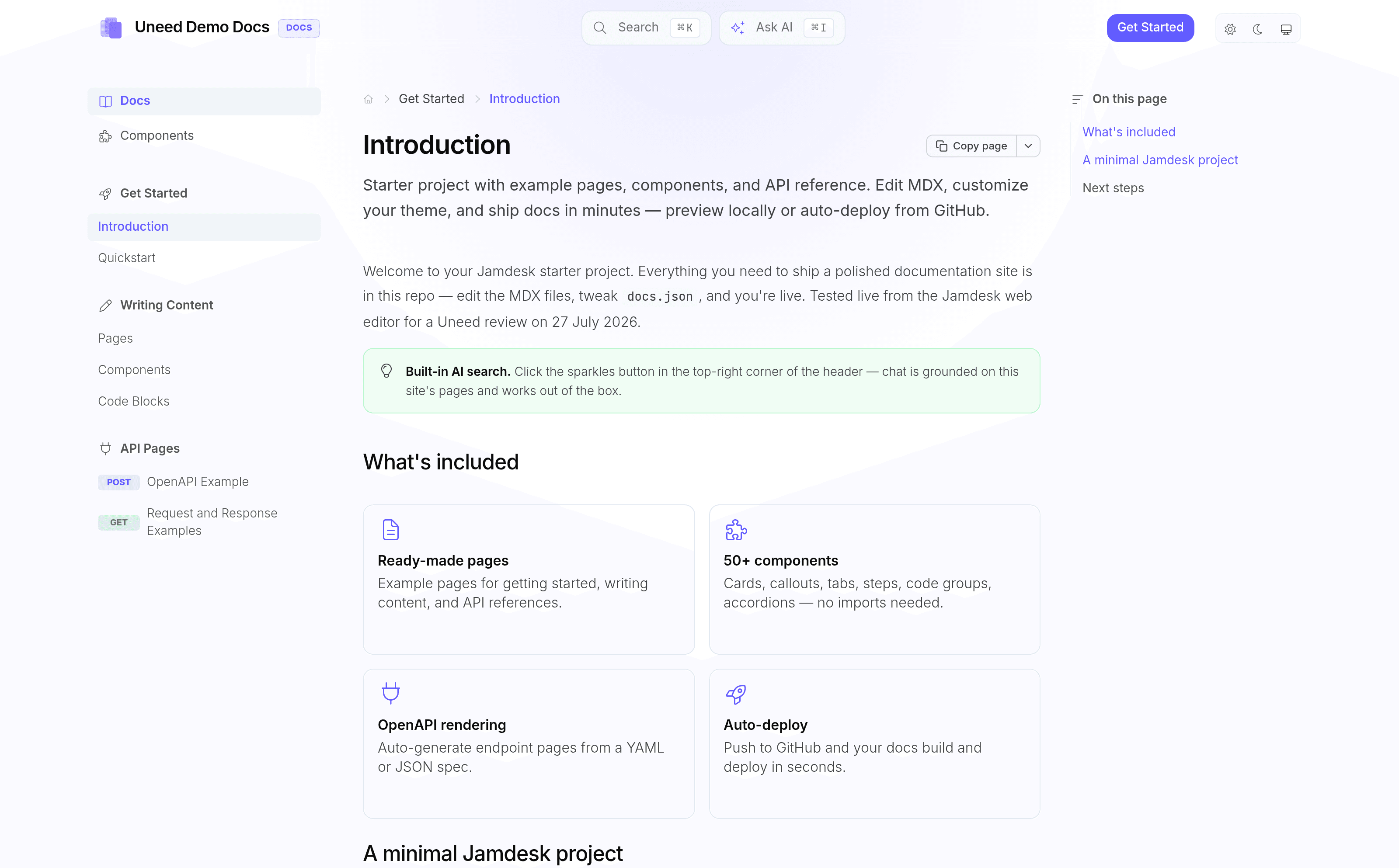 The starter site Jamdesk generated for me, live on a jamdesk.app subdomain — including the test sentence I committed from the web editor.