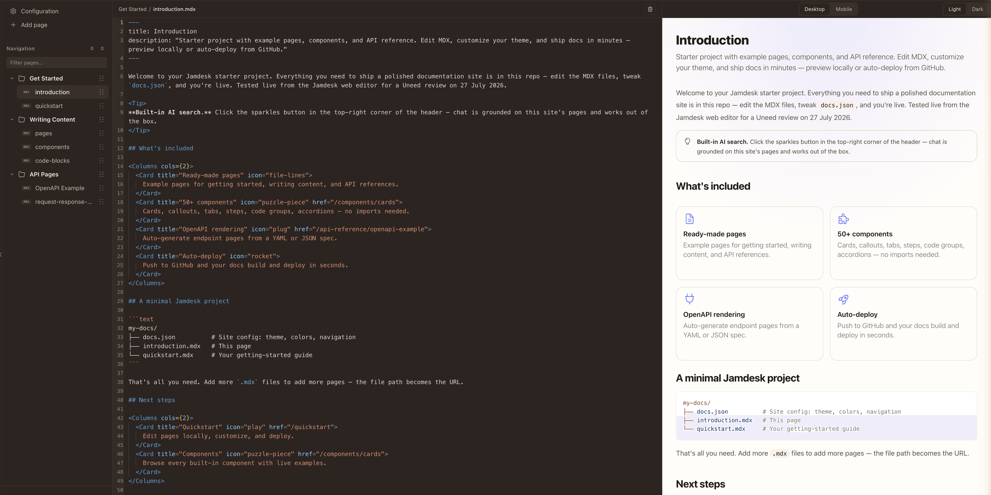 The web editor: page tree on the left, raw MDX in the middle, live preview on the right.