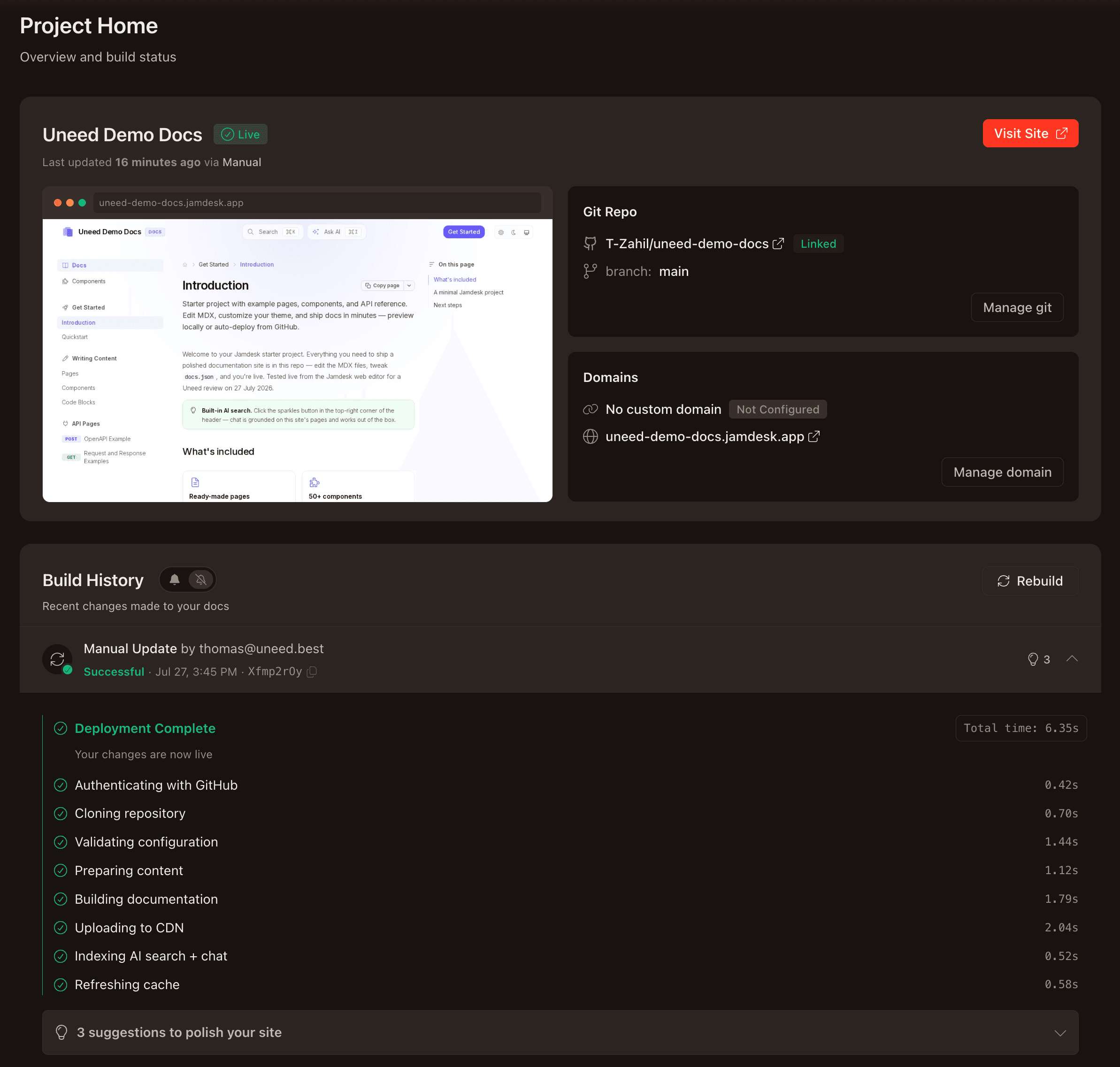 Project Home: the live site, the linked repo, and a build broken into eight timed phases totalling 6.35 seconds.