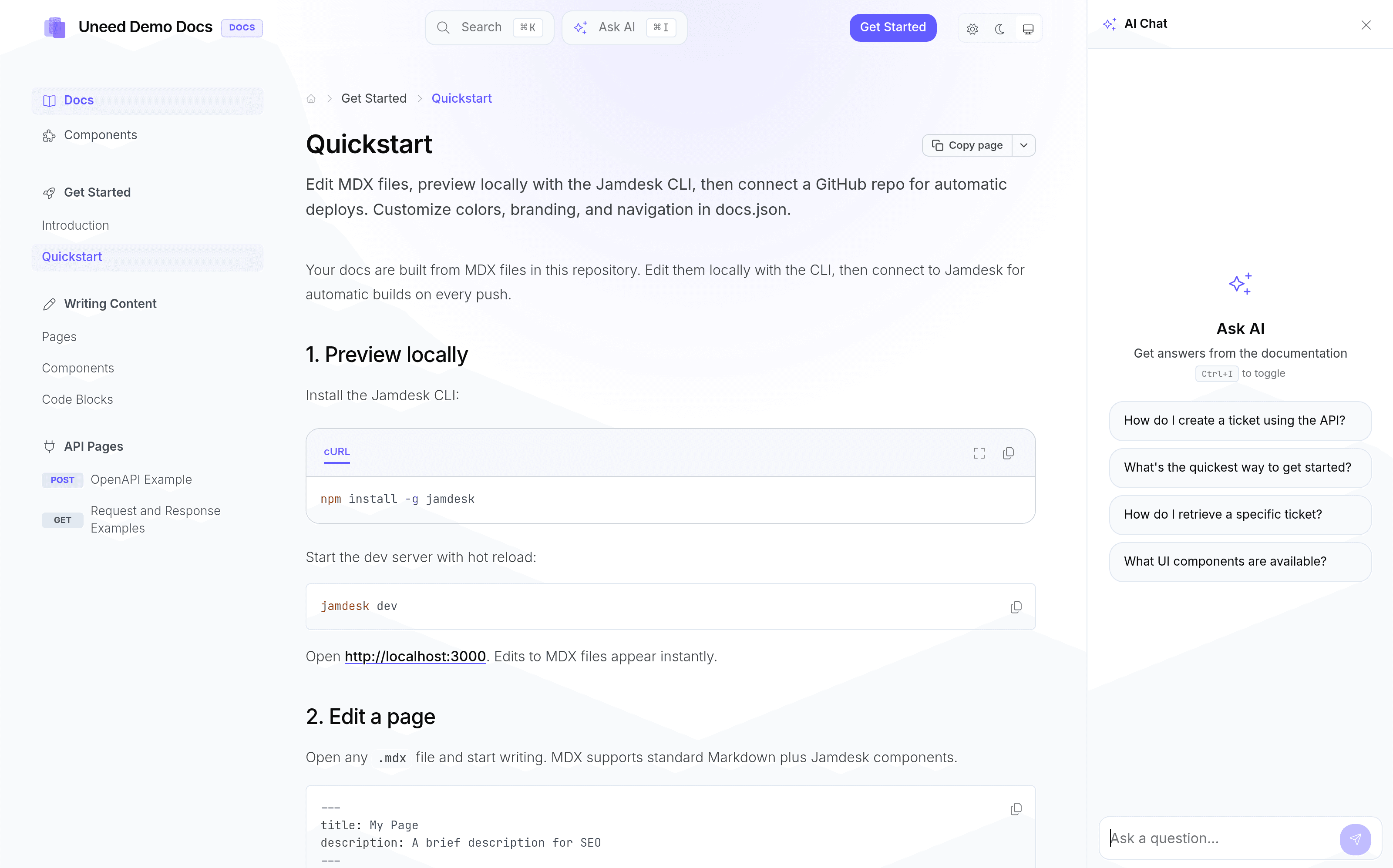 The Ask AI panel opens on the right with four suggested questions generated from the site's own content.