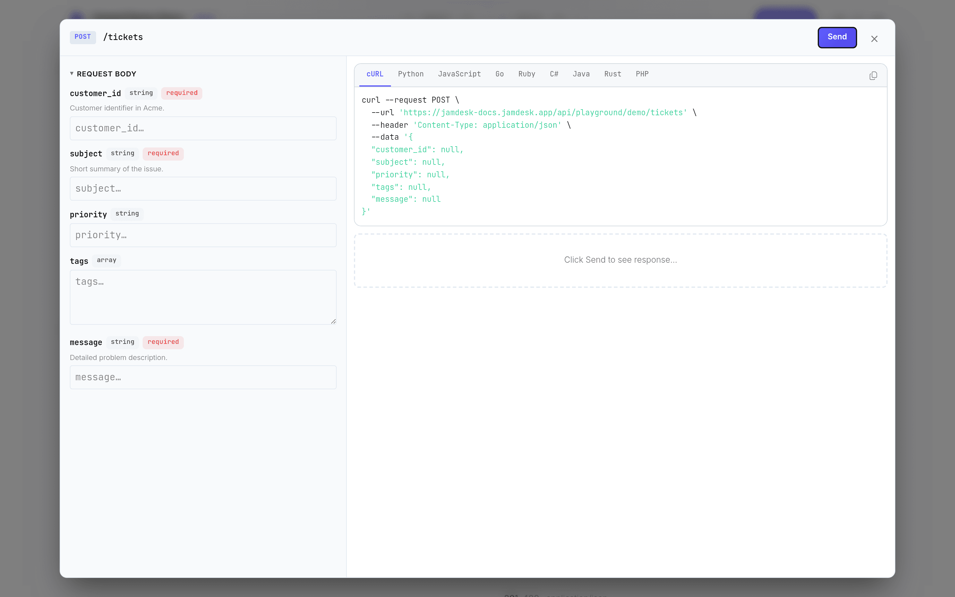 The API playground before sending: request body fields on the left, generated code tabbed across nine languages on the right, Send in the corner.